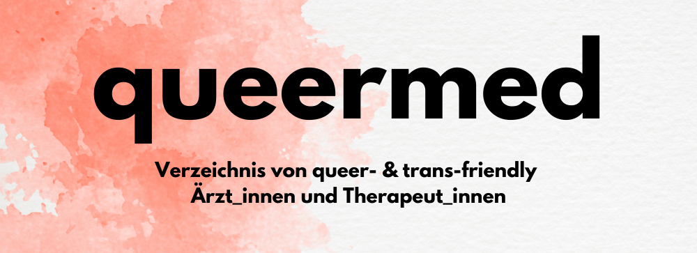 Logo der Homepage queermed, auf einem rot-weiß melierten Untergrund steht der Schriftzug "queermed" groß, schwarz und fett, darunter die Beschreibung "Verzeichnis von queer- und trans-friendly Ärzt_innen und Therapeut_innen"